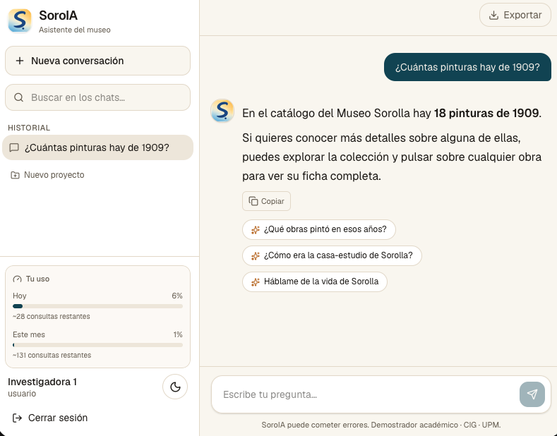 Interfaz de SoroIA: consulta al catálogo «¿Cuántas pinturas hay de 1909?», con historial, sugerencias de seguimiento y exportación a PDF.